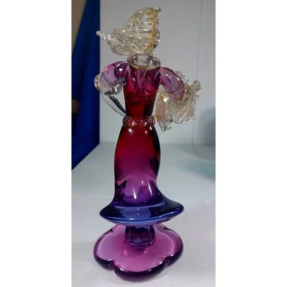 Vintage XL Murano Glass Woman Flower Bouquet Figurine Green Purple Pink 24k Gold - Picture 2 of 14